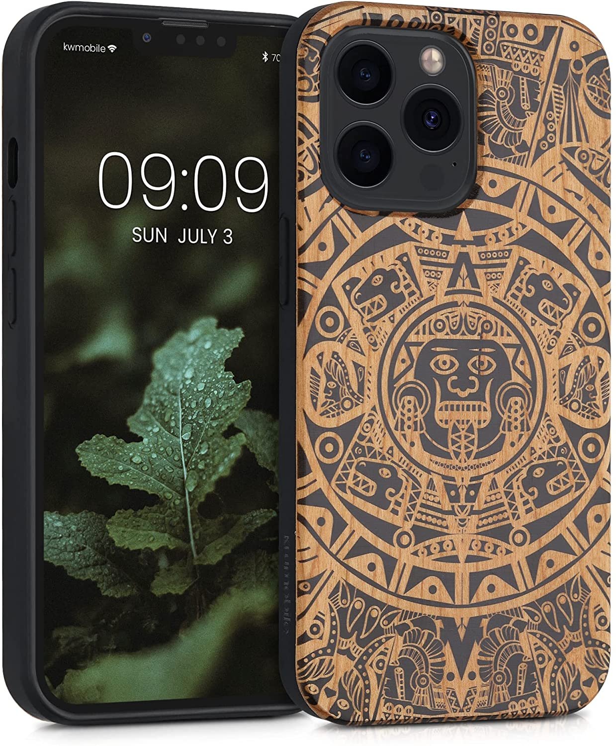 KW iPhone 13 Pro Θήκη από Φυσικό Ξύλο Design Maya Calendar Art - Light Brown / Black - 55967.05