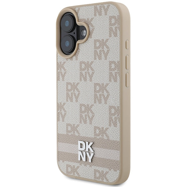 DKNY iPhone 16 - Checkered Pattern and Printed Stripes - Σκληρή Θήκη με Επένδυση Συνθετικού Δέρματος - Pink