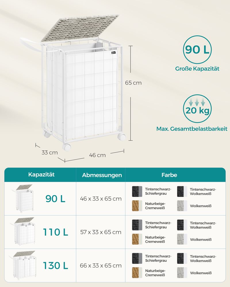Songmics Τροχήλατο Αναδιπλούμενο Καλάθι Απλύτων με Καπάκι - 90L - Cloud White - LCB290W01