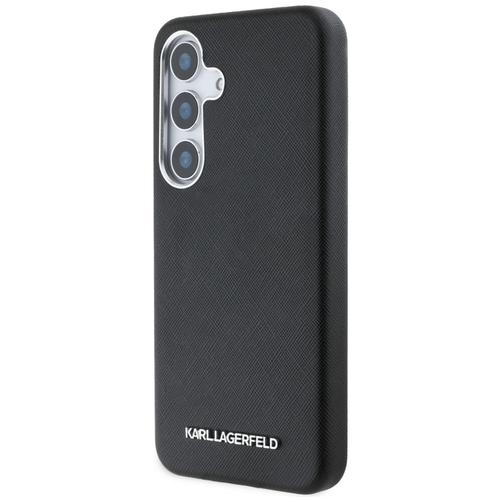 Karl Lagerfeld Samsung Galaxy S25 Plus - Saffiano Full Wrapped Elongated Metal Logo - MagSafe Σκληρή Θήκη με Επένδυση Συνθετικού Δέρματος και Πλαίσιο Σιλικόνης - Black - KLHMS25MPSAFWMCK