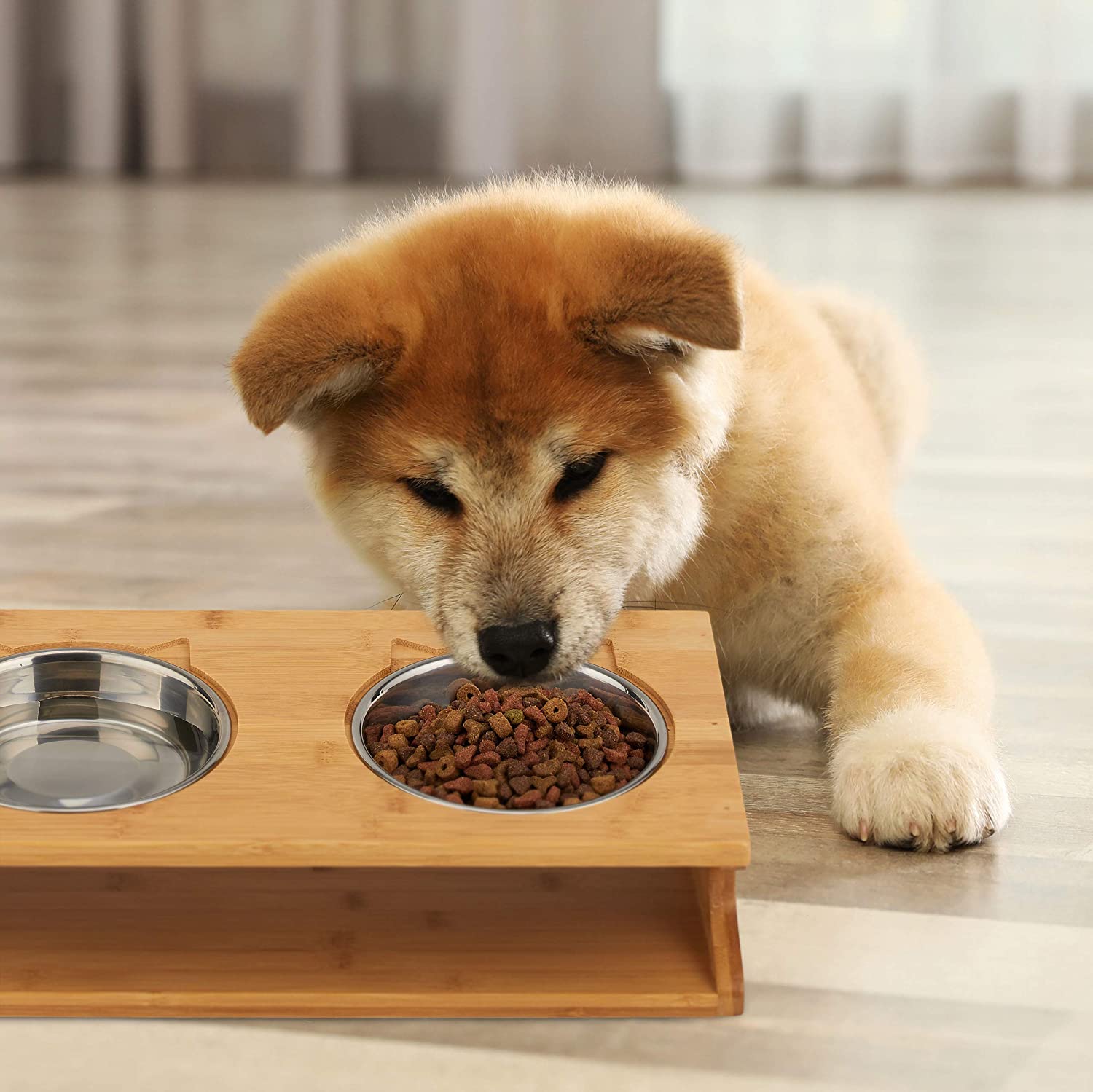 Relaxdays Ξύλινη Βάση από Μπαμπού με 2 Μπολ από Ανοξείδωτο Ατσάλι για Κατοικίδια - 300 ml - Natural - 4052025288600