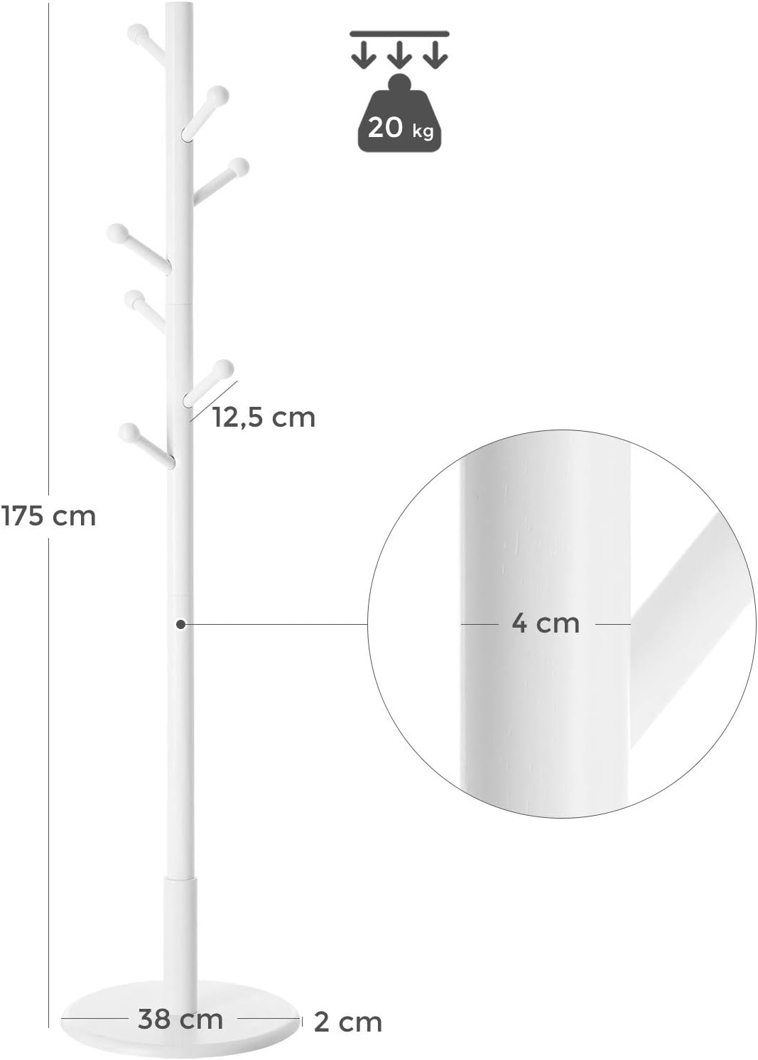 Vasagle Επιδαπέδια Κρεμάστρα με 7 Στρογγυλεμένους Γάντζους - 175 cm - White - RCR07WT