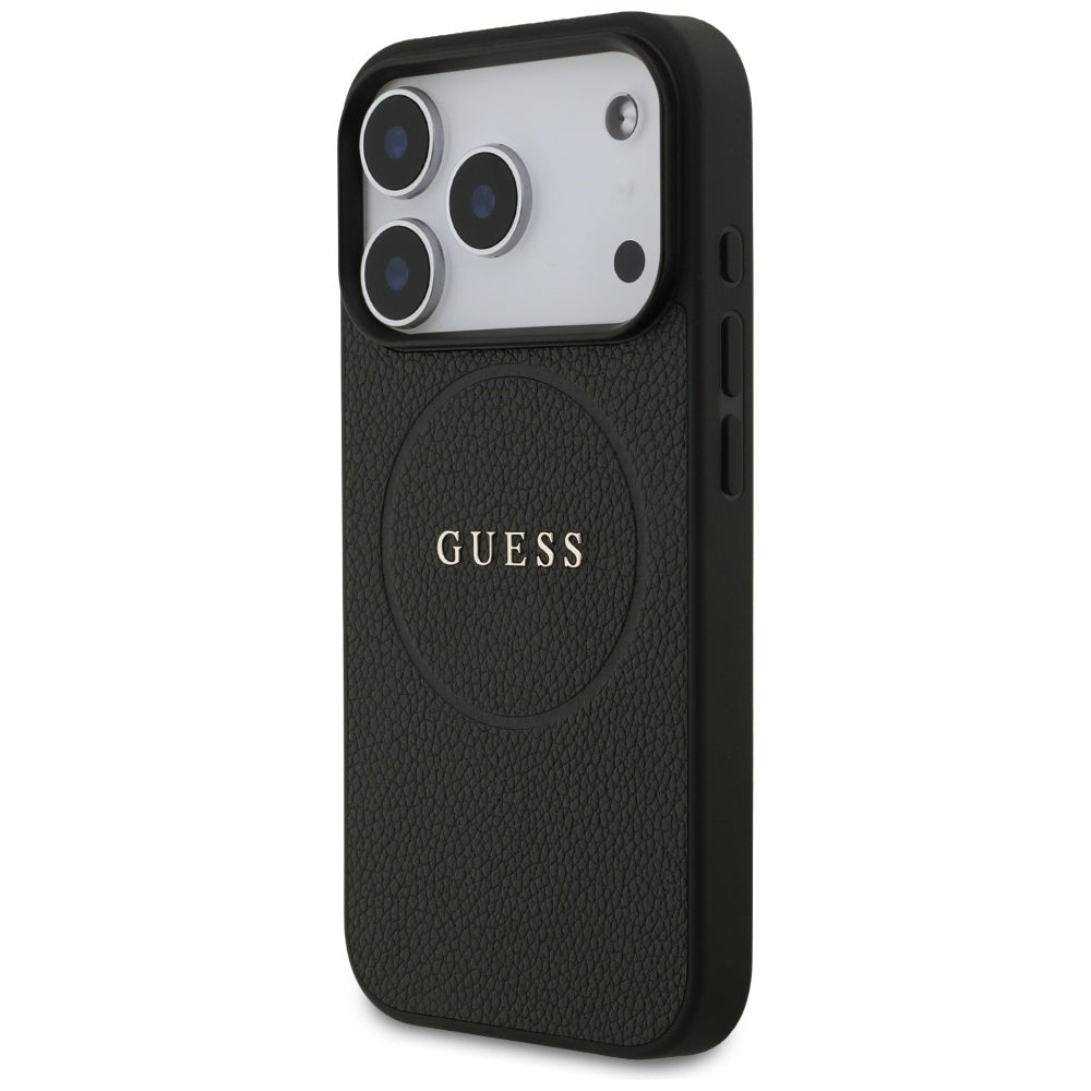 Guess iPhone 17 Pro - Grained Ring MagSafe - Σκληρή Θήκη με Πλαίσιο Σιλικόνης και Οικολογικό Δέρμα - Black - GUHMP17LPGHSMMK