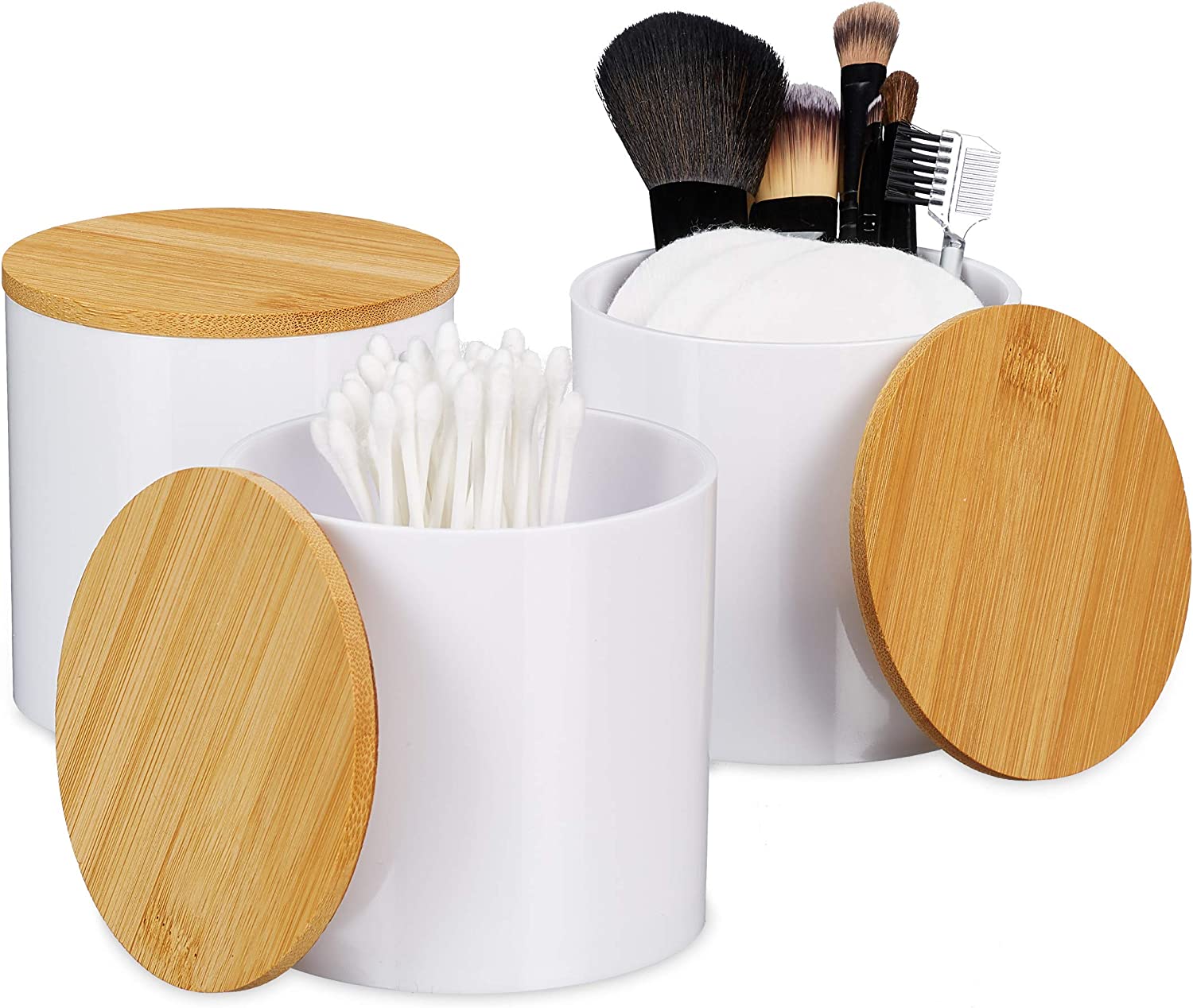 Relaxdays Σετ με 3 Κουτιά Αποθήκευσης Αξεσουάρ Μπάνιου με Καπάκι από Μπαμπού - Natural / White - 4052025906030