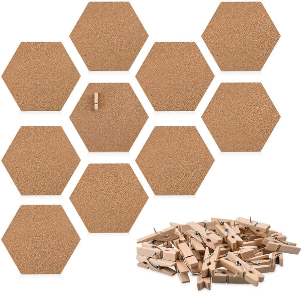 Navaris Cork Pin Board Hexagonal - Σετ με 10 Πίνακες Ανακοινώσεων από Φελλό και 50 Πινέζες - Cork - 53218.10