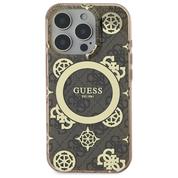 Guess iPhone 16 Pro Max - IML Peony On 4G Background MagSafe - Θήκη με Επένδυση Συνθετικού Δέρματος - Brown - GUHMP16XH4PYEEW