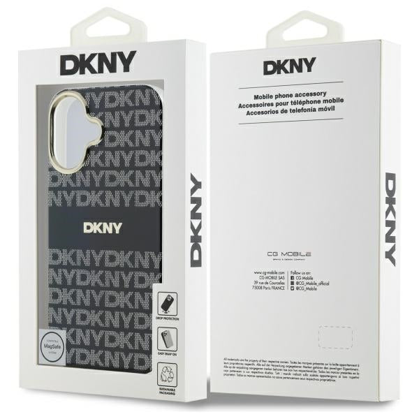 DKNY iPhone 16 - Repeat Texture Pattern With Stripe - MagSafe Σκληρή Θήκη με Πλαίσιο Σιλικόνης - Black