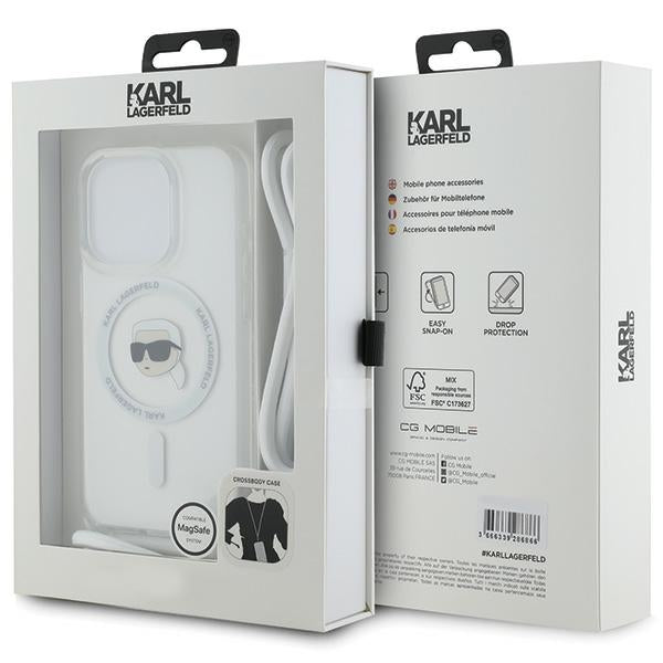 Karl Lagerfeld iPhone 15 Pro Max - Crossbody IML Karl Head - MagSafe Σκληρή Θήκη με Πλαίσιο Σιλικόνης και Λουράκι - Διάφανη - KLHMP15LHCKHNT