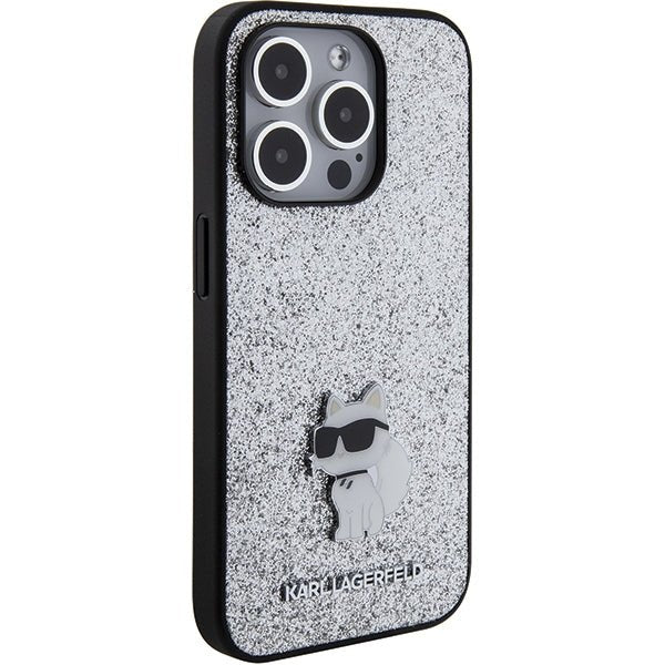 Karl Lagerfeld iPhone 15 Pro Max - Glitter Choupette Logo Metal Logo Σκληρή Θήκη με Πλαίσιο Σιλικόνης - Silver - KLHCP15XGCNPSG