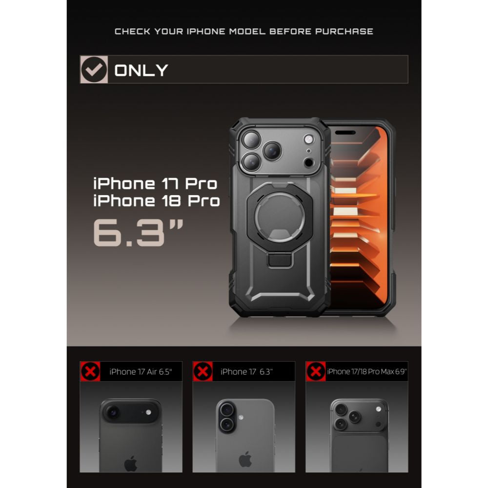 Supcase iPhone 18 Pro / iPhone 17 Pro - Σκληρή Θήκη με Προστασία Οθόνης και MagSafe / Stand - Grip Pro Mag - Black