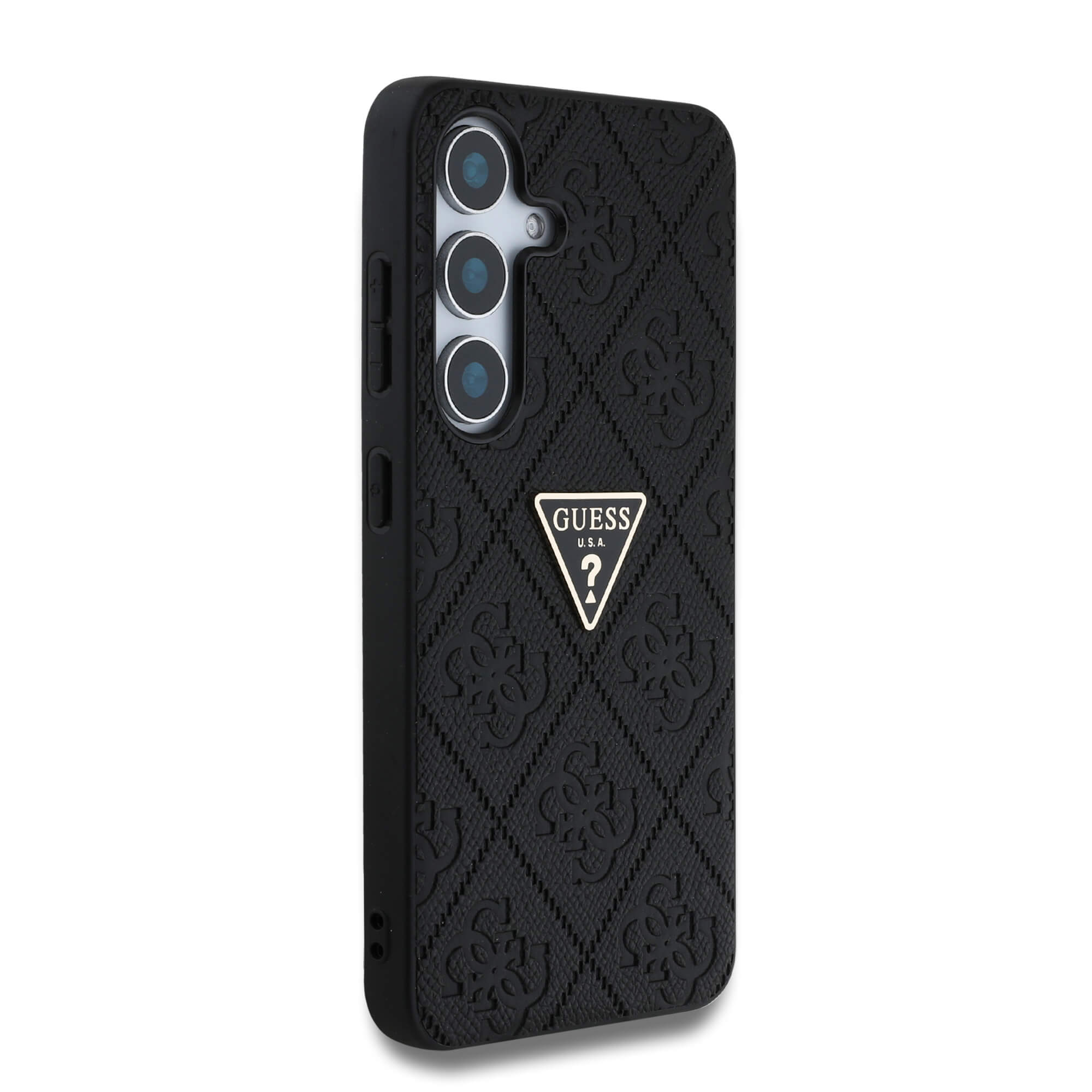 Guess Samsung Galaxy S25 - Hot Stamp 4G Pattern Triangle Metal Logo - Θήκη με Επένδυση Συνθετικού Δέρματος και Πλαίσιο Σιλικόνης - Black - GUHCS25SPGP4STRK