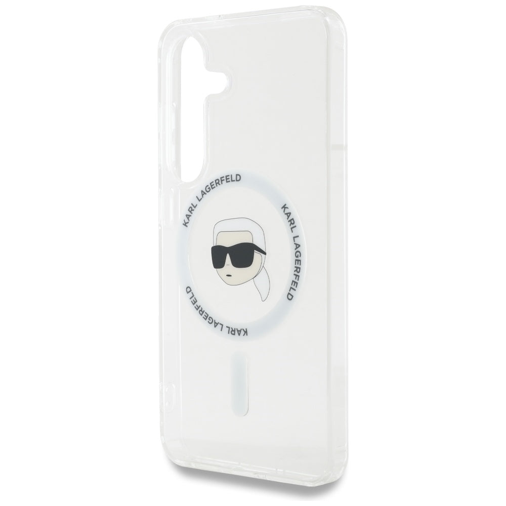 Karl Lagerfeld Samsung Galaxy S25 - Button Karl Head Printed Logo - MagSafe Σκληρή Θήκη με Πλαίσιο Σιλικόνης - White - KLHMS25SHLSKIH