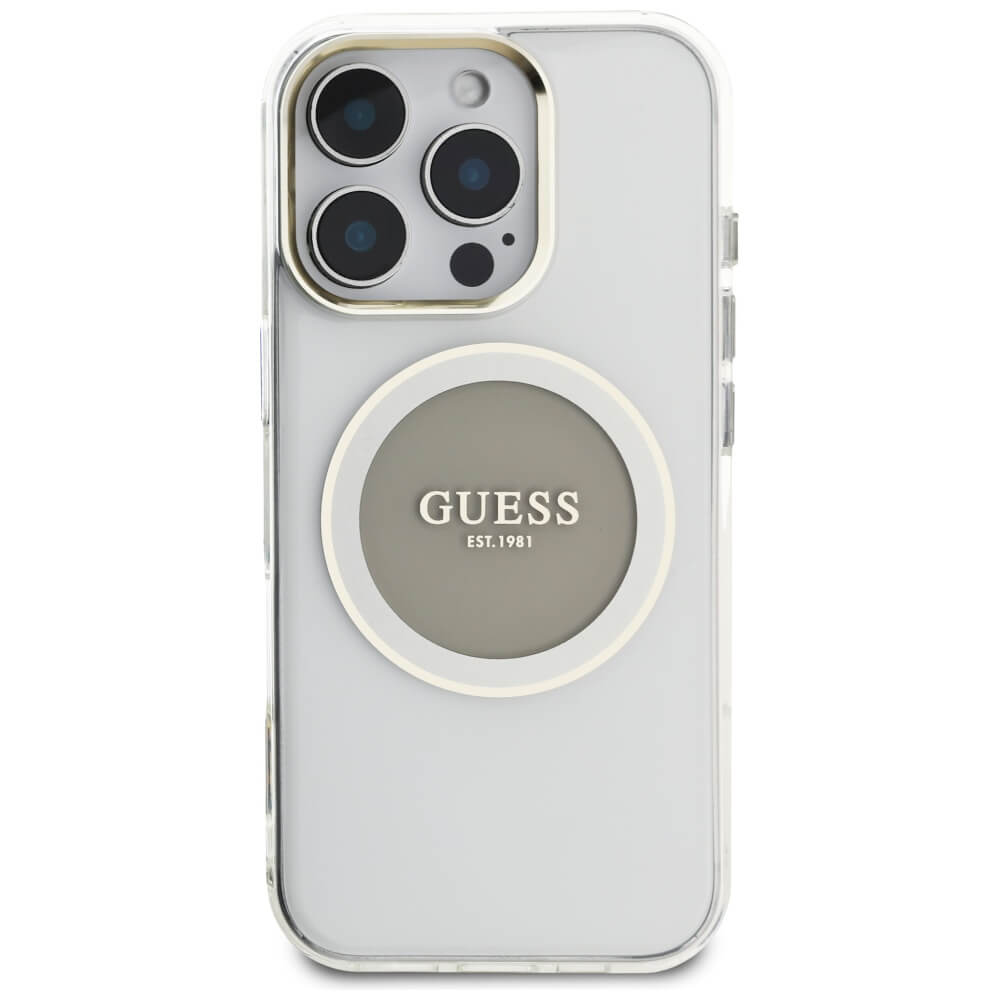 Guess iPhone 16 Pro IML Metal Colored Circle Classic Logo MagSafe Σκληρή Θήκη με Πλαίσιο Σιλικόνης και MagSafe - Grey - GUHMP16LHTDRCEDG