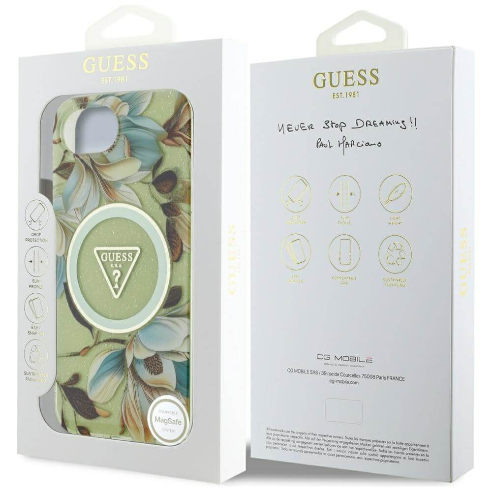 Guess iPhone 16e - IML Metal Glitter Flowers Triangle MagSafe - Σκληρή Θήκη με Πλαίσιο Σιλικόνης και MagSafe - Green - GUHMPSE4HFLPEDN