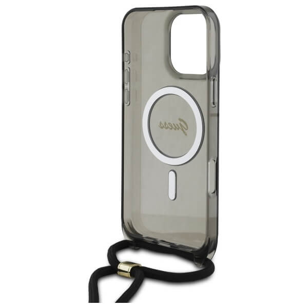 Guess iPhone 16 Pro Max - Crossbody Cord Script MagSafe - Σκληρή Θήκη με Πλαίσιο Σιλικόνης και Λουράκι - Black - GUHMP16XHCTSGNSK