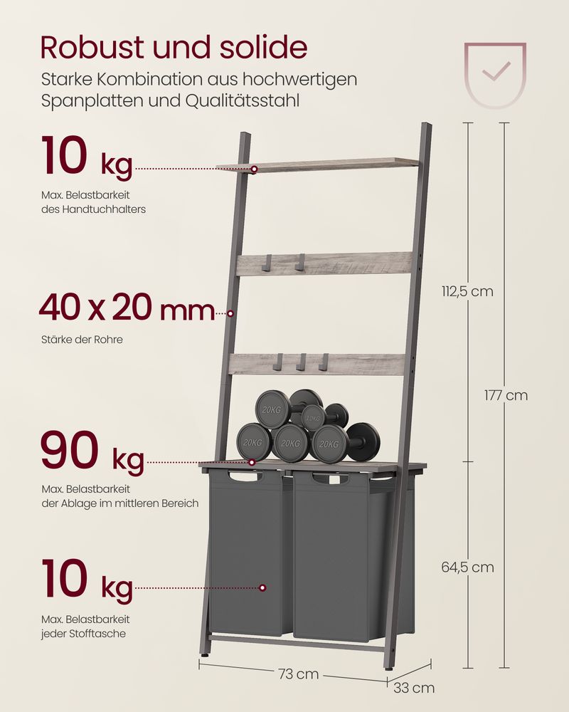 Vasagle Καλάθι Απλύτων 2 Διαμερισμάτων με Ράφι και Βάση για Πετσέτες - 73 x 33 x 177 cm - 92L - Greige / Grey - BLH221G01