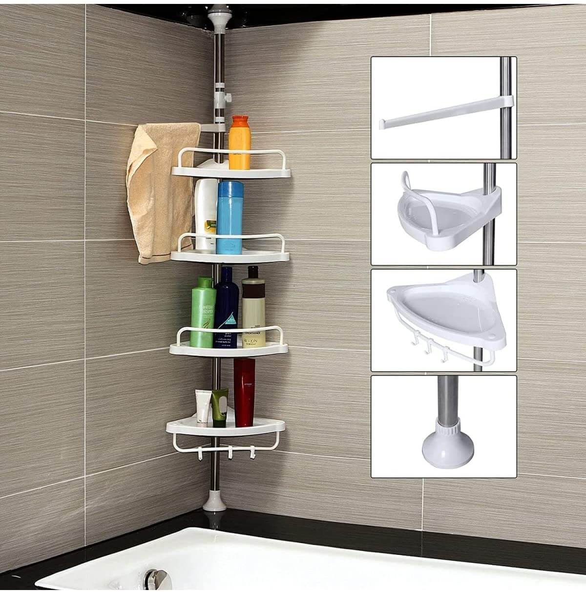 Songmics Γωνιακή Πλαστική Ραφιέρα Ντουζιέρας με Μεταλλικό Σκελετό - White / Silver - BCB02SW