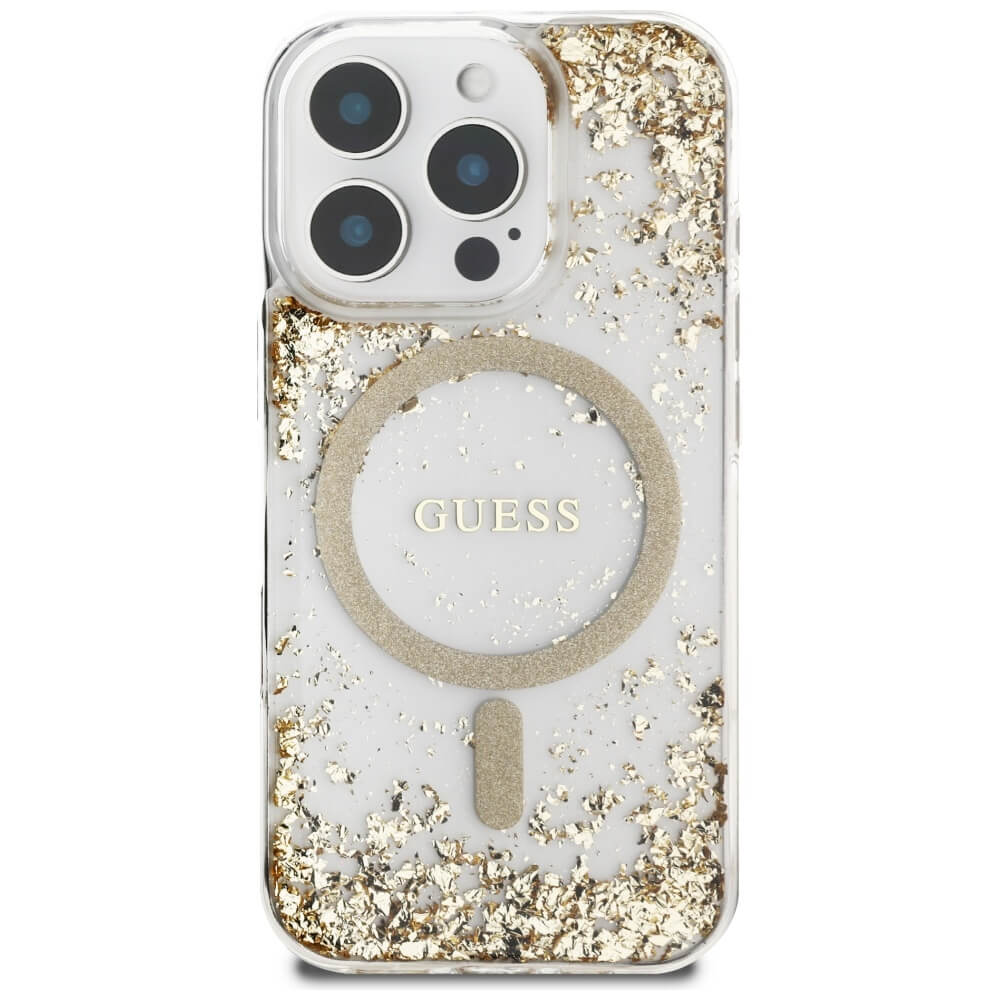Guess iPhone 16 Pro - HC Resin Bottom Glitter - MagSafe Σκληρή Θήκη με Πλαίσιο Σιλικόνης - Gold - GUHMP16LRGRGED