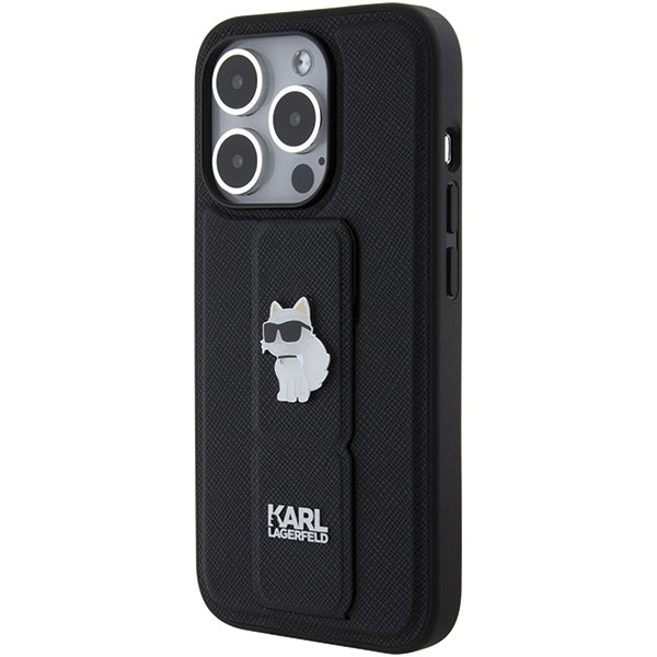 Karl Lagerfeld iPhone 15 Pro Max - Gripstand Saffiano Choupette Pin Σκληρή Θήκη με Επένδυση Συνθετικού Δέρματος και Stand - Black - KLHCP15XGSACHPK
