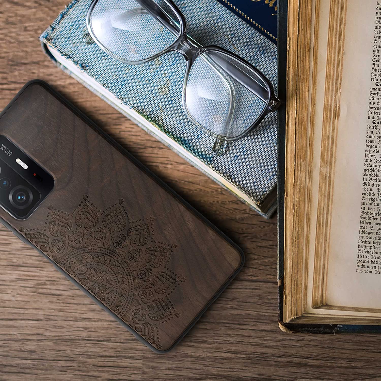 KW Xiaomi 11T / 11T Pro Θήκη από Φυσικό Ξύλο - Design Rising Sun - Dark Brown - 56795.01