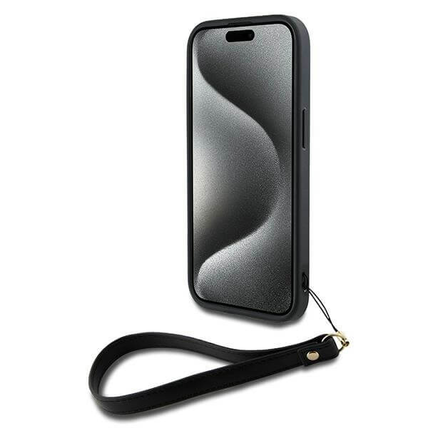 DKNY iPhone 13 / 14 / 15 - Wrist Strap Stock Logo - Σκληρή Θήκη με Επένδυση Συνθετικού Δέρματος με Λουράκι - Black