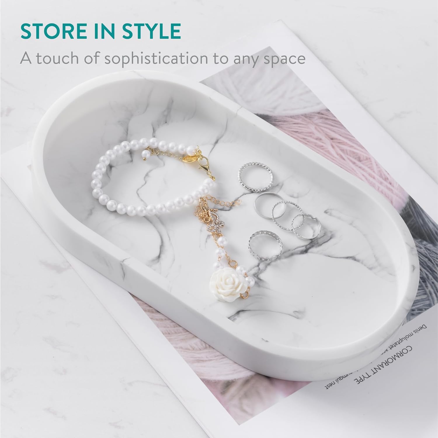 Navaris Διακοσμητικός Οβάλ Δίσκος από Πολυρητίνη - Design Marble - 22.5 x 12.5 x 2.7 cm - White - 55578.02.01