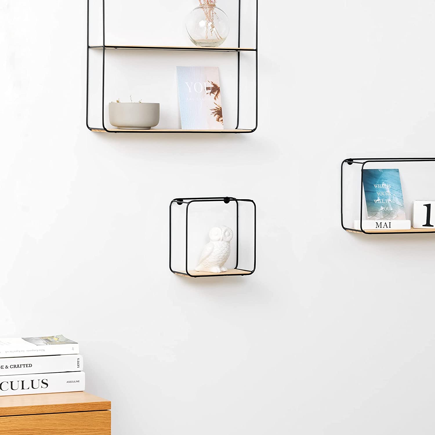 Navaris Σετ με 4 Ξύλινα Ράφια Τοίχου με Μεταλλική Βάση - Light Brown / Black - 55123.04