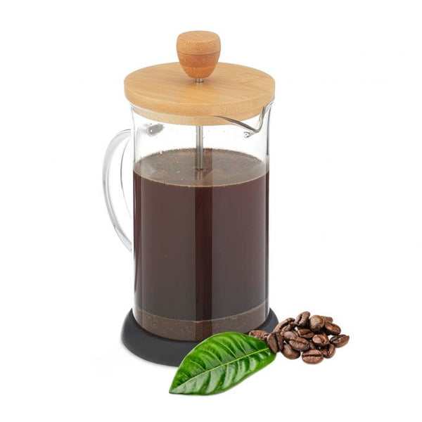 Relaxdays Γαλλική Καφετιέρα με Καπάκι από Bamboo - 600ml - Διάφανη / Natural - 4052025978846