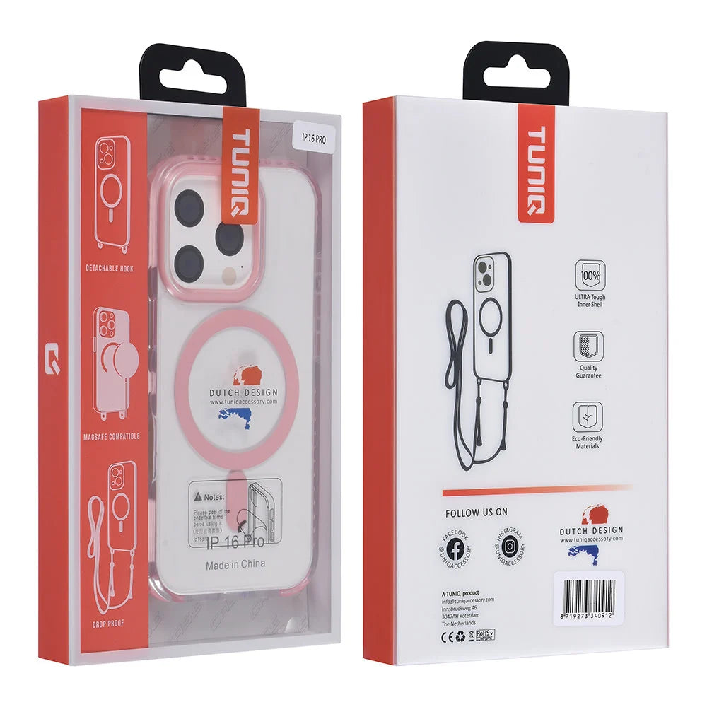 Tuniq iPhone 16 Pro - MagSafe Σκληρή Θήκη με Πλαίσιο Σιλικόνης και Λουράκι - Διάφανη / Pink