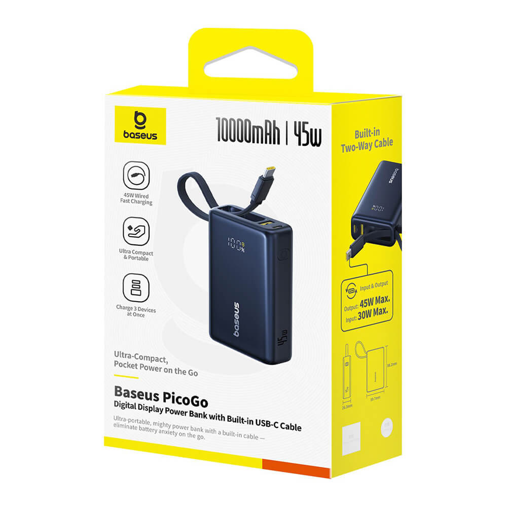 Baseus PicoGo Power Bank 10000mAh 45W με Ενσωματωμένο Καλώδιο Type-C - Black