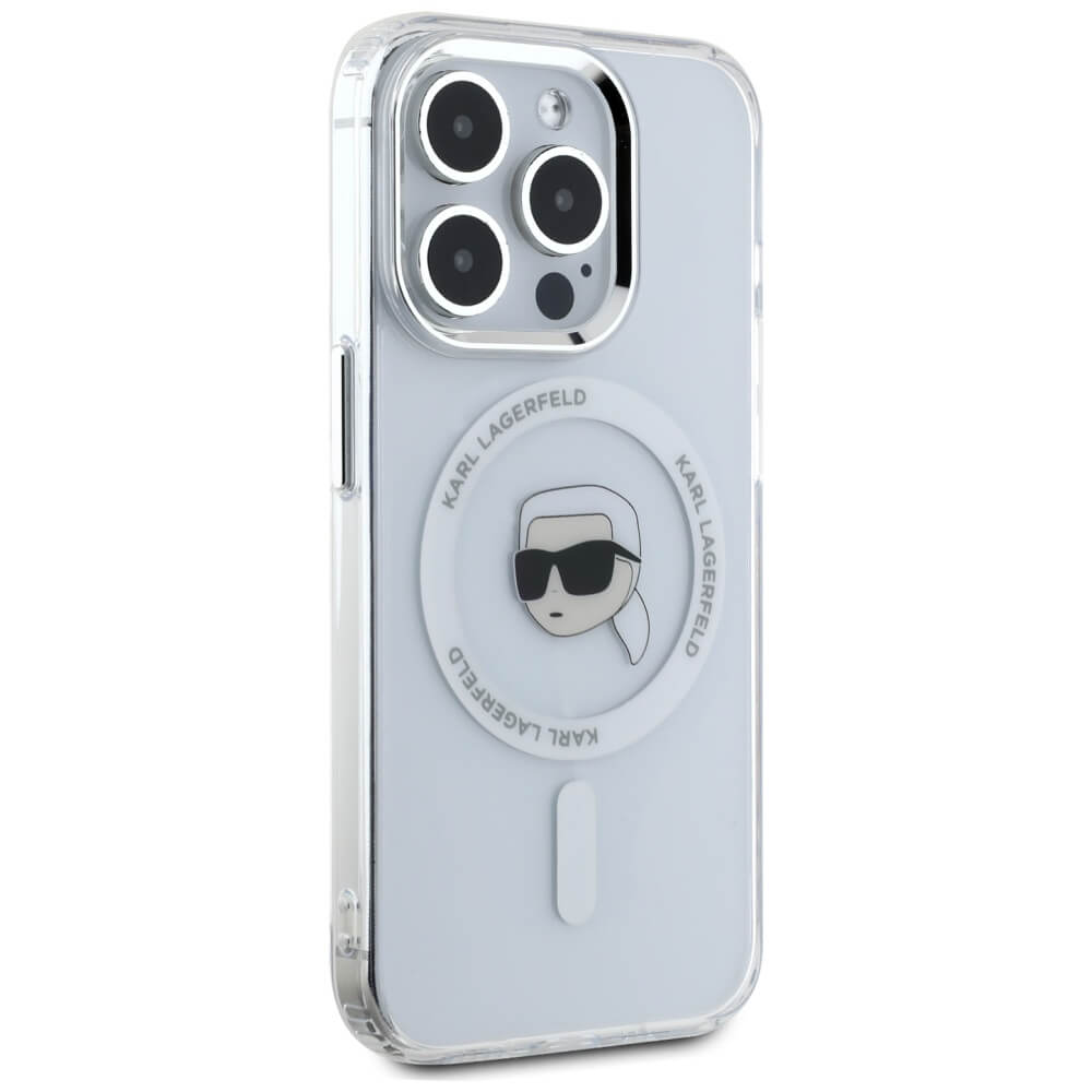 Karl Lagerfeld iPhone 15 Pro - IML Metal Karl Head - MagSafe Σκληρή Θήκη με Πλαίσιο Σιλικόνης - White - KLHMP15LHLSKIH