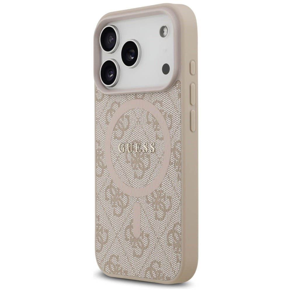 Guess iPhone 17 Pro - 4G Ring Classic Logo MagSafe - Σκληρή Θήκη με Πλαίσιο Σιλικόνης και Επένδυση Συνθετικού Δέρματος - Pink - GUHMP17LG4GFRP