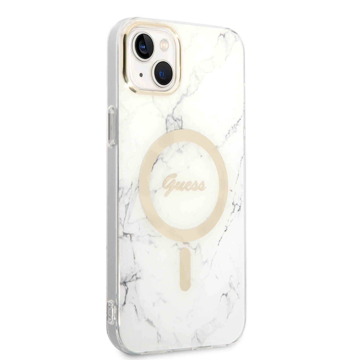 Guess iPhone 15 Plus / 14 Plus - Bundle Pack - Σετ Σκληρή Θήκη με Πλαίσιο Σιλικόνης και Ασύρματος Φορτιστής MagSafe - Design Marble MagSafe - White - GUBPP14MHMEACSH