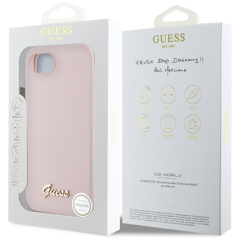 Guess iPhone 16e - Silicone Script Metal Logo - MagSafe Σκληρή Θήκη με Πλαίσιο Σιλικόνης - Pink - GUHMPSE4SMBSLP