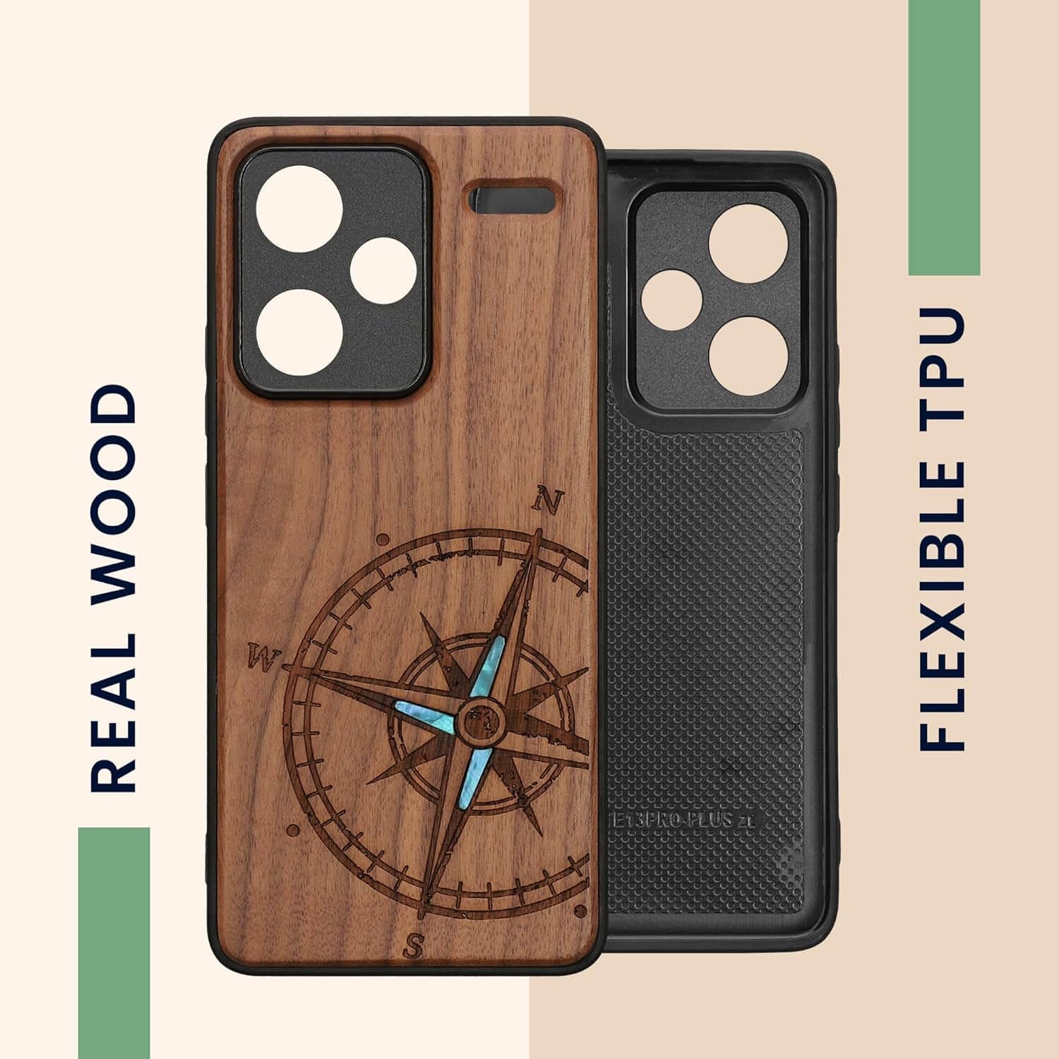 KW Xiaomi Redmi Note 13 Pro+ 5G Θήκη από Φυσικό Ξύλο - Design Navigational Compass - Mother of Pearl - Dark Brown