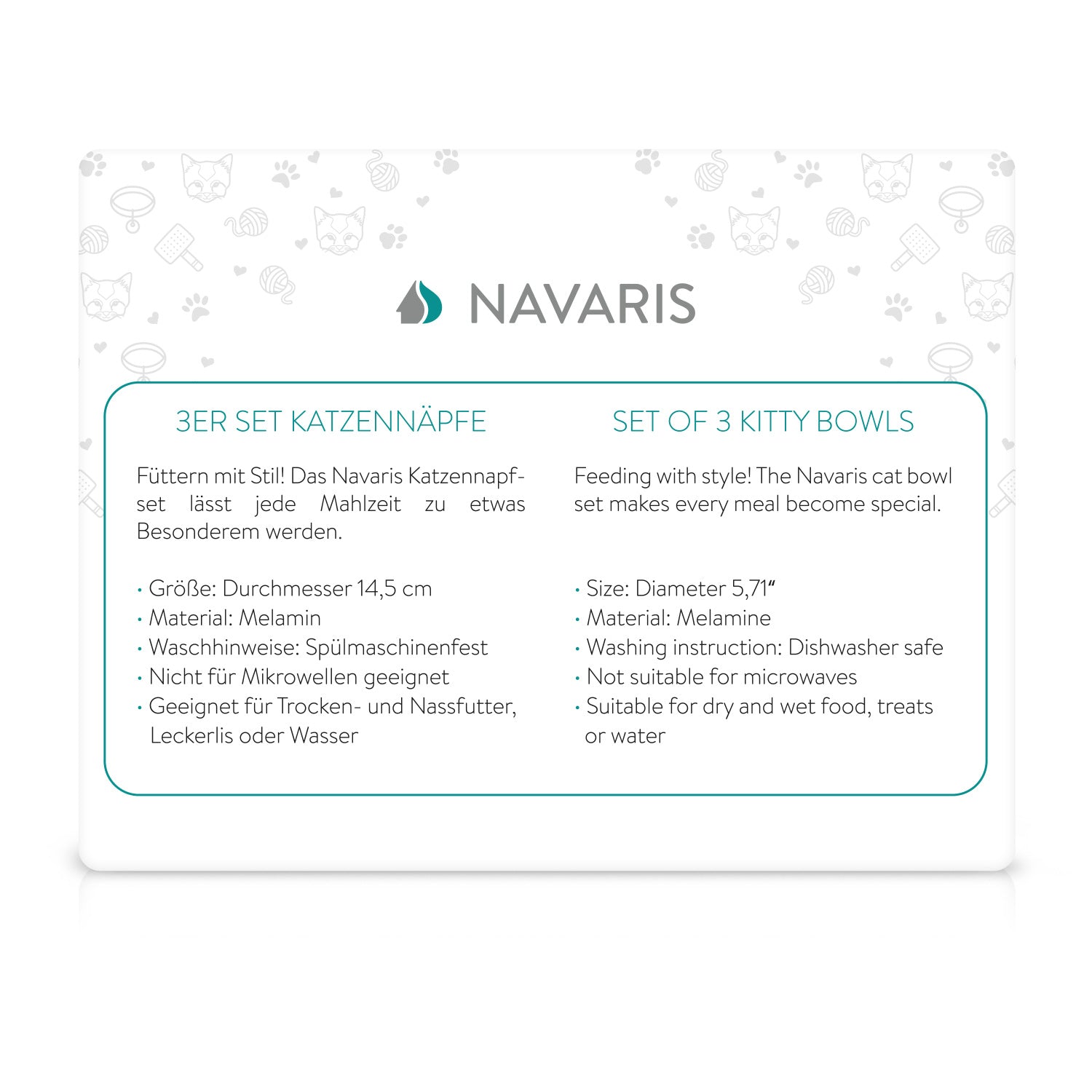 Navaris Cat Bowls with Ears Set of 3 - Σετ με 3 Μπολ Φαγητού και Νερού 210 ml σε Σχήμα Γάτας - Black / Grey / White - 50737.03