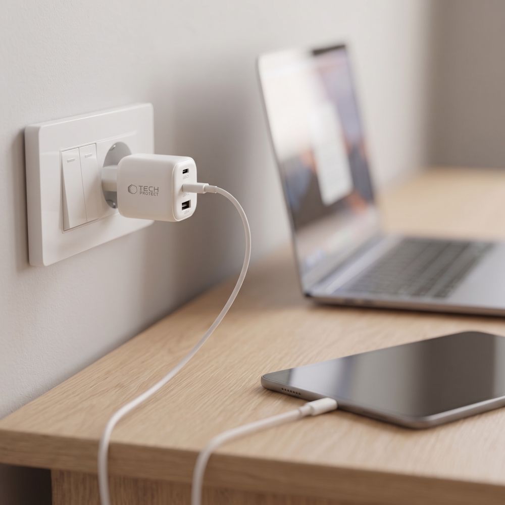 Tech-Protect Οικιακός Φορτιστής PD 3.2 με 1 Θύρα USB και 2 Θύρες Type-C 100W / QC3.0 - NCA100W-GaN - White