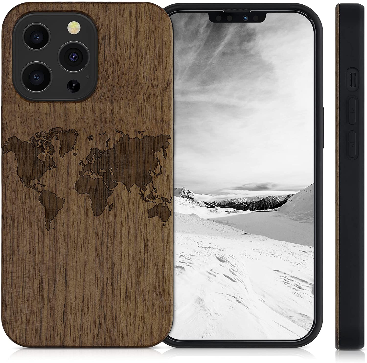 KW iPhone 13 Pro Θήκη από Φυσικό Ξύλο Design Travel Outline - Dark Brown - 55967.02