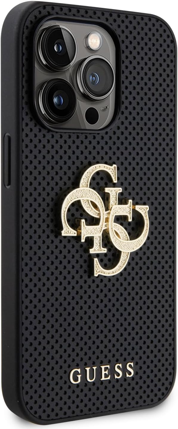 Guess iPhone 15 Leather Perforated 4G Glitter Θήκη με Επένδυση Συνθετικού Δέρματος - Black - GUHCP15SPSP4LGK