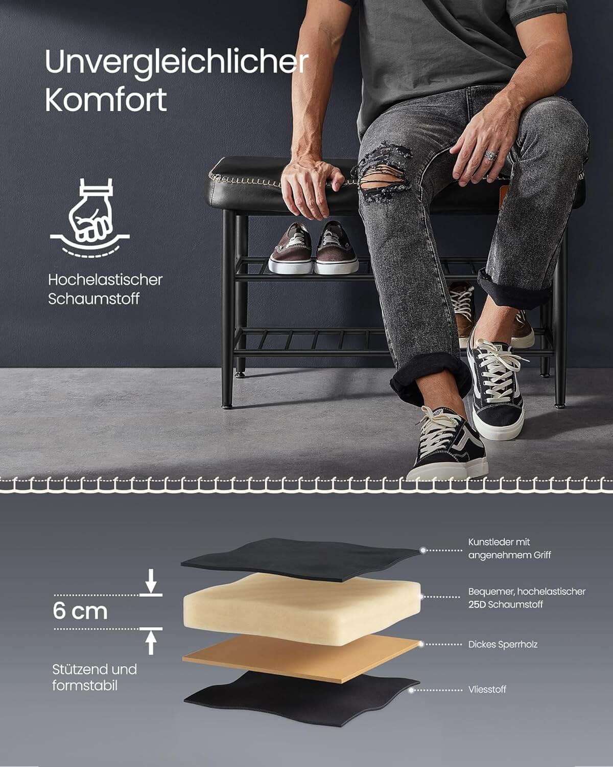 Vasagle EKHO Πάγκος / Σκαμπό με Κάθισμα από Συνθετικό δέρμα και 2 Ράφια - 30 x 80 x 50 cm - Ink Black - LSB054B01