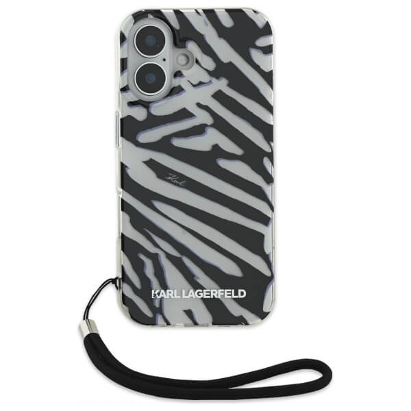 Karl Lagerfeld iPhone 16 - IML Zebra Pattern and Cord - Σκληρή Θήκη με Πλαίσιο Σιλικόνης και Λουράκι - Black - KLHCP16SHZBPKCCK