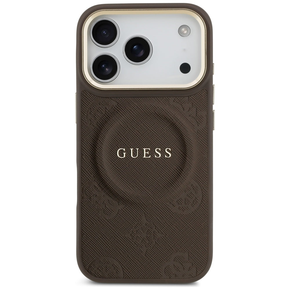 Guess iPhone 17 Pro - Peony Hot Stamp MagSafe - Σκληρή Θήκη με Επένδυση Συνθετικού Δέρματος - Brown - GUHMP17LPSAMSECW
