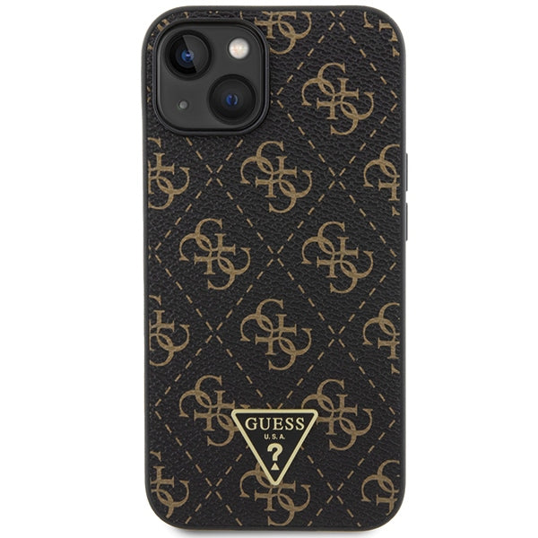 Guess iPhone 15 Plus - 4G Triangle Metal Logo Σκληρή Θήκη με Επένδυση Συνθετικού Δέρματος και Πλαίσιο Σιλικόνης - Black - GUHCP15MPG4GPK