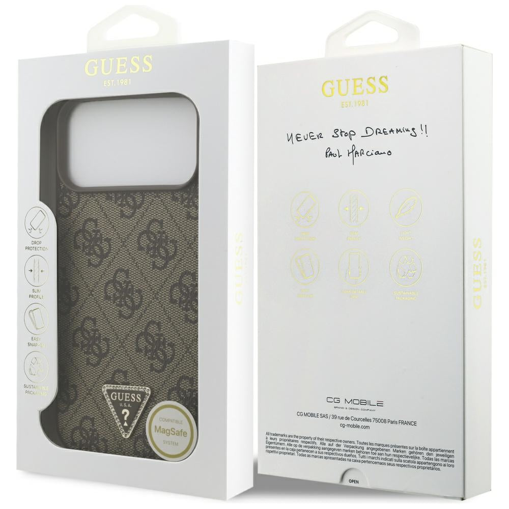 Guess iPhone 17 Pro Max - 4G Triangle Strass MagSafe - Σκληρή Θήκη με Επένδυση Συνθετικού Δέρματος - Brown - GUHMP17XP4TDPLW