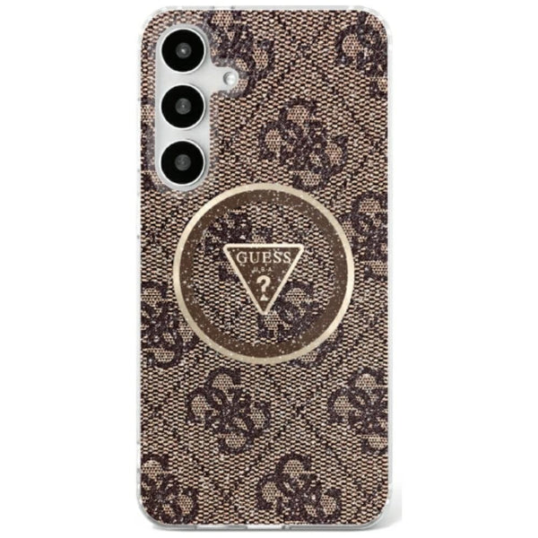Guess Samsung Galaxy S25 - 4G Glitter Triangle Buttons - MagSafe Σκληρή Θήκη με Πλαίσιο Σιλικόνης - Brown - GUHMS25SHG4PRTGW