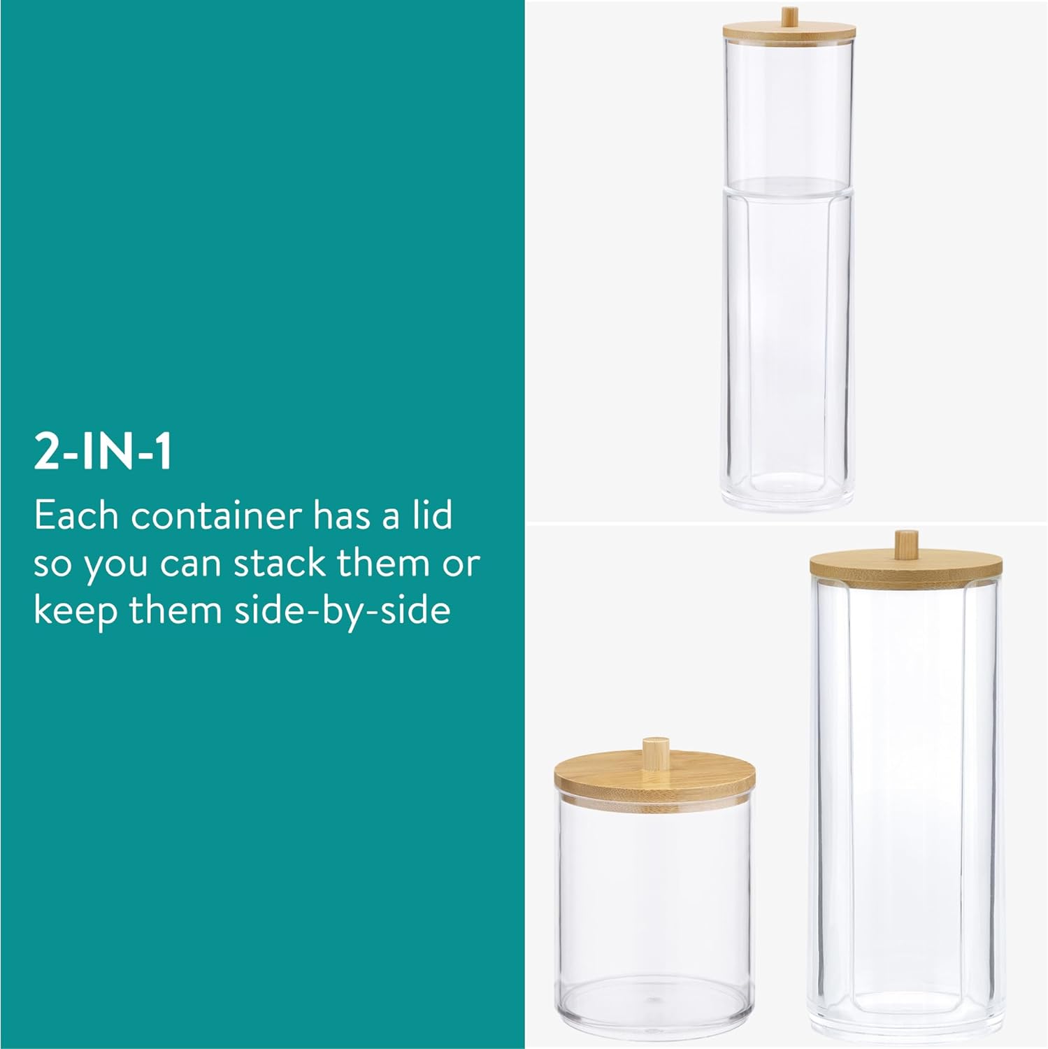 Navaris Σετ με 2 Πλαστικά Δοχεία Αποθήκευσης Αξεσουάρ Μπάνιου με Καπάκι από Μπαμπού - Διάφανα / Light Brown - 59140.03