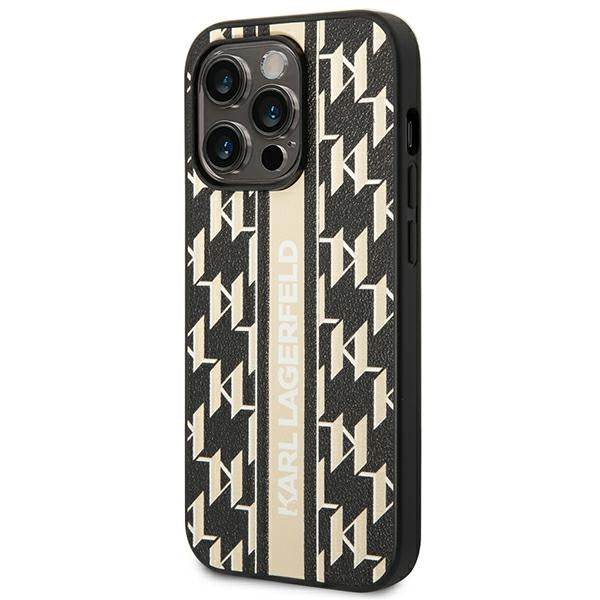 Karl Lagerfeld iPhone 14 Pro - Monogram Stripe Σκληρή Θήκη με Επένδυση Συνθετικού Δέρματος και Πλαίσιο Σιλικόνης - Brown - KLHCP14LPGKLSKW