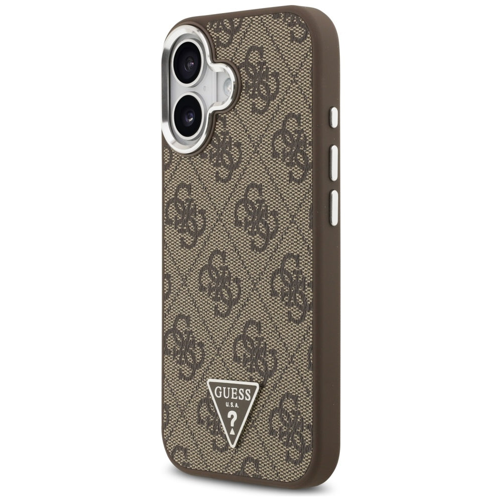 Guess iPhone 17 - 4G Triangle Logo MagSafe - Σκληρή Θήκη με Πλαίσιο Σιλικόνης και Επένδυση Συνθετικού Δέρματος - Brown / Silver - GUHMP17SP4TSRCMW