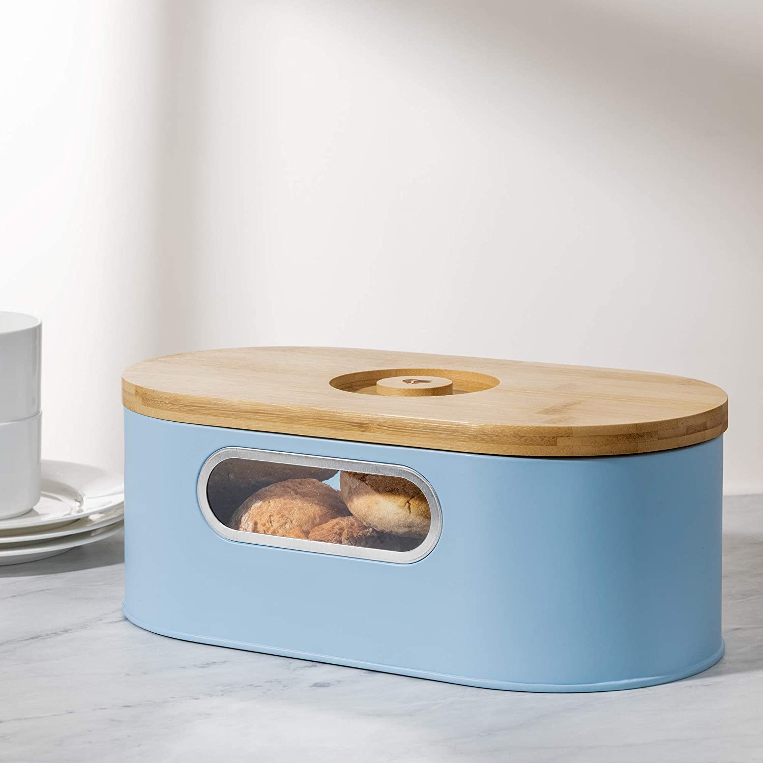 Navaris Bread Bin with Bamboo Lid Δοχείο Αποθήκευσης Ψωμιού με Καπάκι από Μπαμπού - Blue / Bamboo - 50595.02
