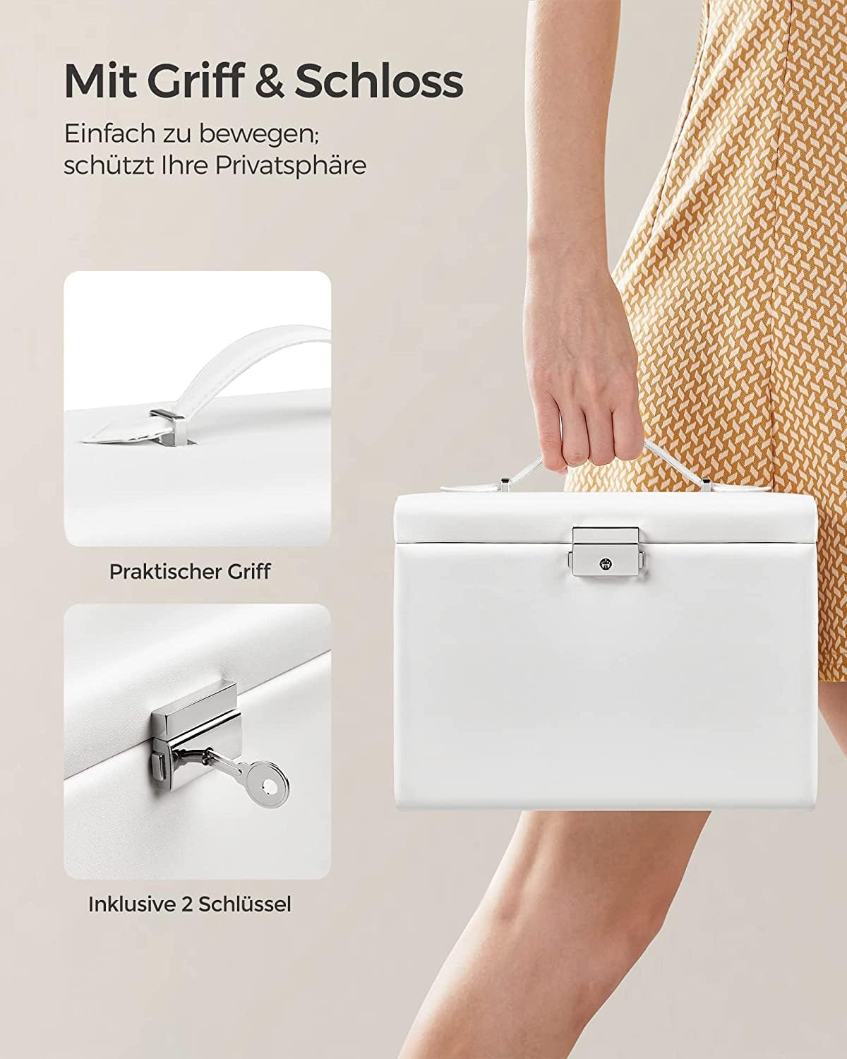 Songmics Φορητό Κουτί Αποθήκευσης Κοσμημάτων 4 Επιπέδων με Καθρέπτη και Κλειδαριά - White - JBC159W01